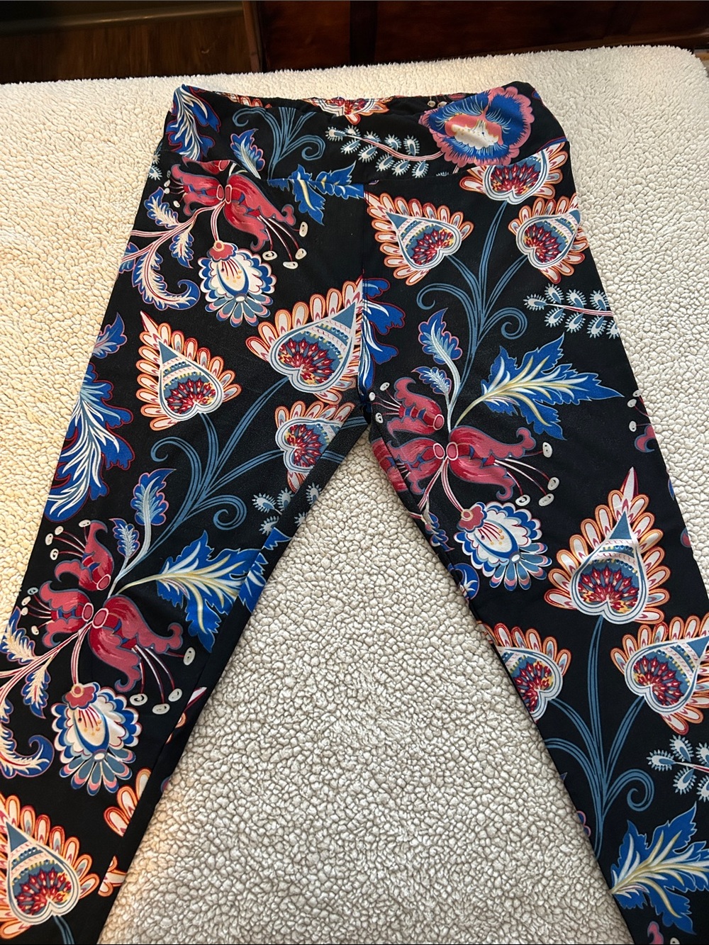 LuLaRoe Black Leggings with Red, Blue & Cream Paisley Print